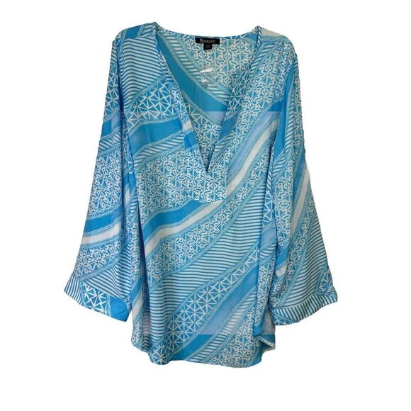 Roaman's Woman Tunic VNeck Geometric Print Blue‎ Sz 22W Roll Tab Sleeve NWT - Picture 1 of 13